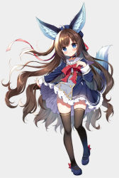 Rule 34 | 1girl, ahoge, animal ear fluff, animal ears, bell, belt, belt buckle, beret, black choker, black thighhighs, blue dress, blue eyes, blue footwear, blue hat, blush, bow, brown belt, brown hair, buckle, choker, closed mouth, collarbone, dress, frilled dress, frills, full body, grey background, hat, jingle bell, long hair, long sleeves, looking at viewer, mauve, neck bell, one side up, original, parted bangs, red bow, shoes, simple background, sleeves past wrists, smile, solo, standing, standing on one leg, tail, thighhighs, very long hair
