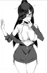 Rule 34 | 1girl, alternate hairstyle, areola slip, bikini, bikini under clothes, breasts, cleavage, commentary request, cowboy shot, finger to mouth, greyscale, hair over one eye, hair ribbon, hayashimo (kancolle), jacket, kantai collection, large breasts, long hair, looking at viewer, monochrome, ponytail, ribbon, side-tie bikini bottom, simple background, solo, swimsuit, swimsuit under clothes, track jacket, very long hair, yukiguni yuu