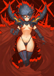 Rule 34 | 10s, 1girl, abstract background, adapted costume, alternate costume, armor, bikini armor, black hair, blue eyes, boots, breasts, cape, cloak, elbow gloves, facial mark, gloves, gurimjang, headpiece, highres, hip focus, kill la kill, matoi ryuuko, multicolored hair, red hair, revealing clothes, scissor blade (kill la kill), senketsu, short hair, shoulder pads, skirt, suspenders, thick thighs, thigh boots, thigh gap, thighhighs, thighs, thong, torn cape, torn cloak, torn clothes, two-tone hair, underboob, weapon, wide hips