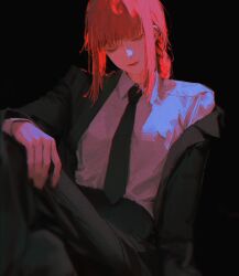 Rule 34 | 1girl, 96yottea, absurdres, black background, black jacket, black necktie, black pants, black suit, braid, chainsaw man, closed eyes, closed mouth, collared shirt, crossed legs, formal, hair between eyes, hand on own leg, highres, jacket, knee up, light smile, long hair, long sleeves, makima (chainsaw man), necktie, open clothes, open jacket, pants, red hair, shirt, sidelocks, simple background, single braid, solo, suit, white shirt