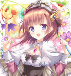 Rule 34 | 1girl, :d, atelier (series), atelier rorona, black bow, blush, bow, brown hair, bug, butterfly, capelet, flower, gradient background, hat, heart, insect, looking at viewer, open mouth, pink background, purple eyes, rororina fryxell, shizuki ayame, short hair, smile, upper body, yellow background