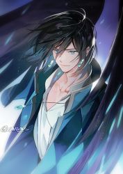 Rule 34 | 1boy, artist request, black hair, black wings, blue coat, blue eyes, bob cut, coat, collarbone, commentary, cowboy shot, english commentary, feathered wings, floating hair, gearous, hair between eyes, highres, howl (howl no ugoku shiro), howl no ugoku shiro, jacket, jacket on shoulders, jewelry, long sleeves, male focus, necklace, pendant, shirt, smile, solo, white shirt, wind, wings