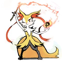 Rule 34 | ;), animal ear fluff, animal nose, braixen, commentary, creature, creatures (company), fire, flaming skull, furry, game freak, gen 6 pokemon, holding, holding stick, legs apart, looking at viewer, nintendo, one eye closed, orange eyes, pokemon, pokemon (creature), pokemon xy, rae (hexedwithluck), shadow, signature, simple background, skull, smile, snout, solo, standing, stick, white background