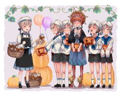 Rule 34 | 1boy, 1girl, baker nemo (fate), balloon, basket, belt, black sleeves, blonde hair, blue eyes, blue hair, blue overalls, blush, bow, braid, brown hair, buckle, candy, clothing cutout, crown braid, fate/grand order, fate (series), flat chest, floral print, flower, food, gradient hair, green eyes, halloween bucket, hat, hat feather, highres, holding, holding basket, holding candy, holding food, jacket, leggings, long sleeves, marine nemo (fate), multicolored hair, navel cutout, nemo (fate), open mouth, orange headwear, overalls, puffy sleeves, pumpkin, red leggings, shimogamo (shimomo 12), shorts, side braid, simple background, striped clothes, striped headwear, sunflower, sunflower print, sweatdrop, turban, twintails, van gogh (fate)