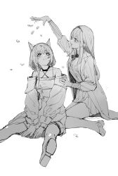 Rule 34 | 2girls, absurdres, arknights, arm up, bare shoulders, barefoot, between legs, commentary request, greyscale, hand between legs, highres, jacket, kal&#039;tsit (arknights), long sleeves, miao ao tian, monochrome, multiple girls, off-shoulder jacket, off shoulder, open clothes, open jacket, petals, pleated skirt, priestess (arknights), shirt, shoe soles, simple background, sitting, skirt, wariza, white background