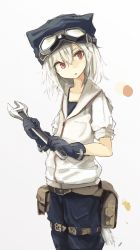 Rule 34 | 1girl, beanie, belt, belt pouch, collarbone, cowboy shot, gloves, goggles, hair between eyes, hat, highres, hizakozouzu, hood, hoodie, jacket, looking to the side, original, pants, parted lips, red eyes, short hair, simple background, solo, tail, thigh strap, white background, white hair, wrench
