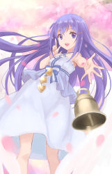 Rule 34 | 1girl, :d, absurdres, bare shoulders, bell, bellringer angel, belt, blue bow, bow, dress, hair ornament, hairclip, halo, halterneck, hand up, highres, index finger raised, long hair, looking at viewer, open mouth, outstretched hand, pink background, purple eyes, purple hair, shadowverse, shiri (kotatsutablet), smile, solo, striped, striped bow, white dress