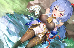 Rule 34 | 1girl, absurdres, ahoge, arm support, bare shoulders, bell, blue hair, blush, breasts, brown legwear, chinese knot, copyright name, detached sleeves, di qi gang guang, flower, flower knot, ganyu (genshin impact), genshin impact, gold trim, highres, horns, long hair, looking at viewer, looking up, md5 mismatch, medium breasts, neck bell, open mouth, partially submerged, purple eyes, qingxin flower, revision, sideboob, sidelocks, sitting, smile, solo, tassel, thighlet, thighs, vision (genshin impact), wet, wet clothes, white flower, white sleeves
