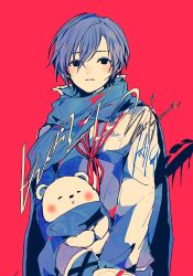 Rule 34 | 1boy, 3kuma, blue hair, blue scarf, commentary, high collar, highres, kaito (vocaloid), light frown, long sleeves, male focus, parted lips, red ribbon, ribbon, scarf, short hair, simple background, solid circle eyes, stuffed animal, stuffed toy, symbol-only commentary, teddy bear, vocaloid