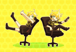 Rule 34 | 1boy, 1girl, ahoge, aqua eyes, black footwear, black pants, black shorts, blonde hair, chair, chibi, closed mouth, controller, fur collar, holding, holding remote control, honeycomb (pattern), honeycomb background, kagamine len, kagamine rin, leg up, legs up, looking at viewer, office chair, on chair, open mouth, pants, remote control, remote control (vocaloid), shirt, shoes, shorts, simple background, sitting, sleeveless, sleeveless shirt, smile, swivel chair, tomiro, v-shaped eyebrows, vocaloid, yellow background