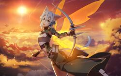 Rule 34 | 1girl, :d, animal ears, armor, armpit cutout, black footwear, black gloves, black ribbon, black shorts, blue eyes, blue hair, bow (weapon), breastplate, cat ears, cat girl, cat tail, clothing cutout, cloud, cloudy sky, day, energy, energy wings, fairy, fairy (sao), fairy wings, fingerless gloves, flying, gloves, hair between eyes, hair ribbon, hip armor, holding, holding bow (weapon), holding weapon, light bow shekinah, long sleeves, looking at viewer, magic, midriff, multiple wings, open mouth, outdoors, overskirt, ribbon, short hair with long locks, short shorts, shorts, sidelocks, sinon (sao-alo), sky, slit pupils, smile, solo, stomach, sun, sword art online, tail, transparent wings, weapon, wings, yellow wings