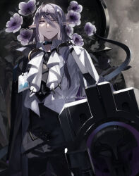 Rule 34 | 1boy, andou (miura kon), anemone (flower), arknights, black cape, black necktie, black pants, cape, center frills, closed mouth, collared shirt, cowboy shot, double-parted bangs, expressionless, facing viewer, flower, frills, grey background, hair between eyes, hair ornament, hair over shoulder, hairclip, high-waist pants, id card, infection monitor (arknights), leaf, long bangs, long hair, long sleeves, male focus, necktie, open collar, pants, pointy ears, purple eyes, purple flower, shalem (arknights), shield, shirt, side cape, solo, white shirt