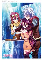 Rule 34 | 10s, 1boy, 2girls, absurdres, chess piece, couronne (no game no life), goggles, goggles on head, highres, multicolored hair, multiple girls, no game no life, official art, riku (no game no life), scarf, shuvi (no game no life), thighhighs