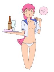 Rule 34 | 1girl, bad id, bad pixiv id, bottle, breasts, brown eyes, chestnut mouth, cote, cropped legs, cup, drinking glass, flat color, long hair, looking at viewer, navel, nipples, no bra, no pants, open clothes, open shirt, original, panties, pink hair, school uniform, serafuku, shirt, simple background, solo, thigh gap, tray, underwear, white background
