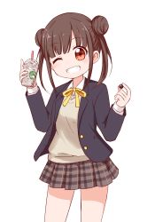 Rule 34 | 1girl, blazer, brown hair, chocolate, commentary request, cowboy shot, cup, disposable cup, double bun, drinking straw, food, frappuccino, grin, hair bun, highres, holding, holding chocolate, holding cup, holding food, idolmaster, idolmaster shiny colors, jacket, long sleeves, looking at viewer, miniskirt, miyamaki, neck ribbon, one eye closed, plaid, plaid skirt, red eyes, ribbon, school uniform, sidelocks, simple background, skirt, smile, solo, sonoda chiyoko, starbucks, twintails, white background, yellow ribbon