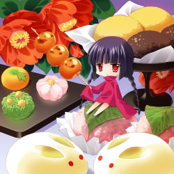Rule 34 | :t, bad id, bad pixiv id, barefoot, black hair, blouse, braid, carnelian, chibi, flower, food, in food, long hair, mini person, minigirl, pout, red eyes, red shirt, shirt, solo, twin braids, twintails