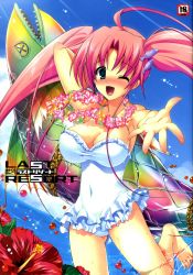 Rule 34 | 1girl, ;d, absurdres, ahoge, arm behind head, arm up, barefoot, blush, breasts, casual one-piece swimsuit, cleavage, covered navel, fish, fish hair ornament, flower, flower necklace, foreshortening, frilled swimsuit, frills, green eyes, hair ornament, hibiscus, highres, huge ahoge, jewelry, large breasts, lei, misakura nankotsu, necklace, one-piece swimsuit, one eye closed, open mouth, outstretched arm, smile, solo, swimsuit, twintails, water, white one-piece swimsuit, wink