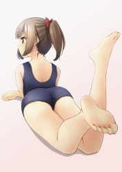 Rule 34 | 1girl, ass, bare legs, bare shoulders, barefoot, blue one-piece swimsuit, blush, bow, brown background, brown hair, closed mouth, commentary request, feet, foot focus, green eyes, hair bow, highres, lying, on stomach, one-piece swimsuit, original, ponytail, profile, red bow, school swimsuit, shibacha, sidelocks, smile, soles, solo, swimsuit, the pose