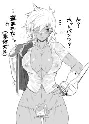 Rule 34 | 1girl, blazblue, breasts, bullet (blazblue), censored, cleavage, dark-skinned female, dark skin, dr.p, female focus, fingerless gloves, gloves, greyscale, large breasts, looking at viewer, makoto nanaya, monochrome, navel, novelty censor, one eye closed, scar, see-through, short hair, simple background, solo, sweat, toned, translation request, white background