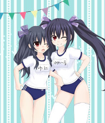 Rule 34 | annoyed, black hair, breasts, embarrassed, flags, flustered, gekijigen tag: blanc + neptune vs zombie gundan, green background, hair ornament, hairclip, long hair, medium breasts, nel 6108, neptune (series), noire (neptunia), one eye closed, open mouth, red eyes, ribbon, shirt, shorts, siblings, sisters, small breasts, smile, thighs, tsundere, twintails, two side up, uni (neptunia), wink
