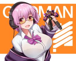 Rule 34 | 10s, 1girl, altronage, bad id, bad twitter id, bow, breasts, collared shirt, commentary, crossover, english text, glasses, gridman universe, headphones, highres, inactive account, jacket, large breasts, light purple hair, optimus prime, optimus prime (sg), purple jacket, red eyes, robot, school uniform, shinjou akane, shirt, short hair, ssss.gridman, title, transformer, transformers, transformers shattered glass, white shirt