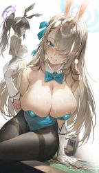 Rule 34 | 2girls, alter (j alter7), animal ears, asuna (blue archive), asuna (bunny) (blue archive), bare shoulders, black hair, black pantyhose, blue archive, blue eyes, blue leotard, blush, bow, bowtie, breasts, cleavage, collarbone, dark-skinned female, dark skin, detached collar, fake animal ears, gloves, hair over one eye, holding, karin (blue archive), karin (bunny) (blue archive), large breasts, leotard, light brown hair, long hair, looking at viewer, mole, mole on breast, multiple girls, official alternate costume, pantyhose, playboy bunny, ponytail, rabbit ears, sitting, smile, sweat, thighband pantyhose, thighs, traditional bowtie, white gloves, yellow eyes