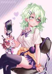 Rule 34 | 1girl, alternate costume, black thighhighs, blush, bow, bowtie, breasts, bright pupils, cellphone, cracked screen, crossed legs, expressionless, feet out of frame, green eyes, green hair, hair behind ear, hair ornament, heart, highres, holding, holding phone, komeiji koishi, long hair, looking at viewer, medium breasts, nail polish, no headwear, nomayo, phone, pink background, purple bow, purple bowtie, purple nails, school uniform, scrunchie, shirt, simple background, sitting, skirt, smartphone, solo, thighhighs, touhou, wavy hair, wrist scrunchie