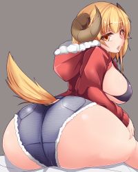 Rule 34 | 1girl, ass, blonde hair, bra, breasts, denim, denim shorts, from behind, hood, horns, huge ass, jacket, large breasts, looking at viewer, looking back, nana (mogs1225), open mouth, orange eyes, original, shiny clothes, shiny skin, short hair, short shorts, shorts, sideboob, sitting, solo, tail, underwear