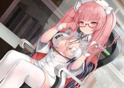 Rule 34 | 1girl, azur lane, breasts, breasts apart, chair, closed mouth, collared dress, commentary request, dress, feet out of frame, glasses, gloves, half gloves, hands up, hat, head tilt, highres, holding, holding syringe, long hair, looking at viewer, medium breasts, nurse cap, office chair, on chair, perseus (azur lane), perseus (unfamiliar duties) (azur lane), pink eyes, pink gloves, pink hair, red-framed eyewear, rin2008, semi-rimless eyewear, sitting, solo, swivel chair, syringe, thighhighs, twintails, under-rim eyewear, very long hair, white dress, white hat, white thighhighs, wrist cuffs