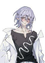 Rule 34 | 1boy, arknights, bishounen, black shirt, blush, chuan04826, coat, cowboy shot, grey eyes, grey hair, highres, looking at viewer, male focus, pointy ears, shalem (arknights), shirt, short hair, simple background, solo, white background, white coat