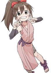 Rule 34 | 10s, 1girl, absurdres, bare shoulders, bow, brown eyes, brown hair, commentary request, contrapposto, detached sleeves, double w, dutch angle, fishnets, hair bow, hands up, highres, hinagiku (kunoichi tsubaki no mune no uchi), kunoichi tsubaki no mune no uchi, long sleeves, looking at viewer, ninja, ponytail, red bow, sash, simple background, smile, solo, standing, toeless footwear, toenails, w, white background, yamamoto souichirou