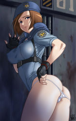 Rule 34 | 1girl, ass, beret, blue eyes, breasts, brown hair, butt crack, covered erect nipples, female focus, fingerless gloves, gloves, hat, jill valentine, jilpoong17, large breasts, leaning, looking back, panties, panty pull, police, police uniform, resident evil, short hair, solo, underwear, uniform, white panties