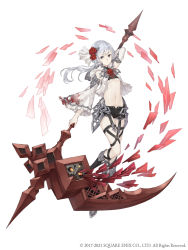 Rule 34 | 1girl, asymmetrical bangs, blood, blood on clothes, breasts, detached sleeves, flower, frills, full body, garter straps, grey eyes, grey hair, hair flower, hair ornament, highres, holding, holding scythe, ji no, looking at viewer, midriff, navel, official art, rose, scythe, short shorts, shorts, silver trim, sinoalice, small breasts, snow white (sinoalice), solo, square enix, underboob, white background