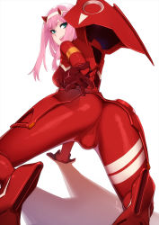 1girl, all fours, ass, bangs, bodysuit, darling in the franxx, feguimel, green eyes, highres, horns, long hair, looking at viewer, looking back, open mouth, pilot suit, pink hair, reaching out, red bodysuit, red horns, shadow, simple background, skin tight, solo, upper teeth, white background, zero two (darling in the franxx)