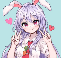 Rule 34 | 1girl, ama-tou, animal ears, blush, carrot pin, collared shirt, fingernails, hands up, heart, light purple hair, light smile, long hair, looking at viewer, nail, nail polish, necktie, puffy short sleeves, puffy sleeves, purple eyes, rabbit ears, rabbit girl, red necktie, reisen udongein inaba, shirt, short sleeves, simple background, solo, touhou, v, white shirt
