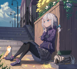 Rule 34 | 1girl, absurdres, ahoge, al guang, animal, bag, black pantyhose, blue bow, blue eyes, bow, building, cloud, cobblestone, day, dog, fence, finger to cheek, flat chest, flower, grey skirt, hair ornament, hairclip, highres, holding, hood, hoodie, knees up, lamppost, looking away, notebook, original, outdoors, pantyhose, pencil, petals, plaid, plaid skirt, purple footwear, purple hoodie, rabbit, shoes, short twintails, sidelocks, sitting, skirt, sky, solo, stairs, twintails, white flower, white hair
