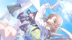 2girls blue_sky blurry blurry_background blurry_foreground brown_hair cloud commentary_request dutch_angle frilled_sleeves frills fukumaru_koito hair_ribbon highres holding_paper_airplane ichikawa_hinana idolmaster idolmaster_shiny_colors idolmaster_shiny_colors_song_for_prism long_hair long_sleeves miniskirt multiple_girls official_art paper_airplane ribbon shirt skirt sky solo_focus sweater_vest white_shirt