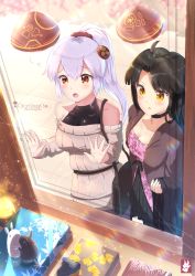 Rule 34 | 2girls, against glass, alternate costume, bad id, bad pixiv id, bag, bare shoulders, black hair, blush, breasts, casual, chinchongcha, chocolate, choker, cleavage, commentary request, contrapposto, fate/grand order, fate (series), hair ornament, handbag, highres, katou danzou (fate), long hair, medium breasts, multiple girls, orange eyes, ponytail, silver hair, standing, tomoe gozen (fate), tomoe gozen (first valentine) (fate), yellow eyes