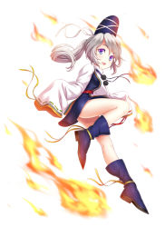 Rule 34 | 1girl, bad id, bad pixiv id, bare legs, blush, boots, fire, full body, hat, highres, japanese clothes, kariginu, long hair, long sleeves, looking at viewer, mononobe no futo, ponytail, purple eyes, silver hair, simple background, skirt, sleeves past wrists, smile, solo, tate eboshi, tomo1030, touhou, white background, wide sleeves