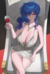 Rule 34 | 1girl, absurdres, azur lane, bare shoulders, blue hair, breasts, cleavage, collarbone, dress, earrings, evening gown, hair ornament, hairclip, highres, hood (james x), jewelry, large breasts, long hair, looking at viewer, nail polish, necklace, pink eyes, plunging neckline, revealing clothes, side ponytail, sidelocks, silver dress, st. louis (azur lane), st. louis (luxurious wheels) (azur lane), thighs