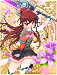 Rule 34 | 10s, 1girl, battle girl high school, brown hair, colopl, flat chest, flower, gloves, highres, himukai yuri, long hair, looking at viewer, official art, open mouth, petals, ponytail, red eyes, solo, sword, thighhighs, weapon