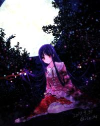 Rule 34 | 1girl, barefoot, black hair, bow, bowtie, branch, closed mouth, dated, dutch angle, frilled shirt collar, frilled sleeves, frills, full body, full moon, highres, holding, houraisan kaguya, ice (aitsugai), jeweled branch of hourai, light particles, long hair, long sleeves, looking at viewer, moon, night, night sky, outdoors, red eyes, red skirt, signature, sitting, skirt, sky, smile, solo, straight hair, tareme, touhou, tree, very long hair, wariza, white bow, white bowtie, wide sleeves