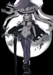 Rule 34 | 10s, 1girl, absurdres, abyssal ship, bodysuit, breasts, cane, cape, female focus, glowing, glowing eyes, headgear, highres, kantai collection, long hair, outdoors, pale skin, pantyhose, silver hair, sky, slm, solo, wo-class aircraft carrier, yellow eyes