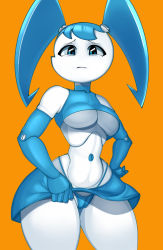 Rule 34 | 1girl, android, blue hair, breasts, clothes lift, disgust, elbow gloves, flashing, gloves, jenny wakeman, joints, lifting own clothes, milky way (spacenarval), my life as a teenage robot, robot joints, scowl, screw, skirt, skirt lift, spacenarval, thick thighs, thighs, twintails, underboob, underwear, wide hips