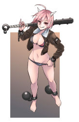 Rule 34 | 1girl, alternate costume, ball and chain restraint, barefoot, bikini, black bikini, blush, bomber jacket, breasts, brown jacket, chain, cleavage, club, club (weapon), commentary request, cuffs, ear piercing, full body, grin, highres, horns, ibaraki douji&#039;s arm, jacket, large breasts, looking at viewer, navel, opagi, piercing, pink eyes, pink hair, sharp teeth, short hair, smile, solo, spiked club, standing, swimsuit, teeth, touhou, weapon, white horns