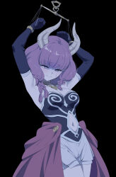 Rule 34 | 1girl, armpits, arms up, aura (sousou no frieren), bare shoulders, black background, blue eyes, blush, braid, breasts, closed mouth, clothing cutout, commentary, demon girl, demon horns, elbow gloves, female focus, gloves, highres, horns, large breasts, medium hair, navel, navel cutout, purple gloves, purple hair, restrained, revision, simple background, solo, sousou no frieren, yd (orange maru)