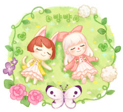 Rule 34 | 2girls, animal crossing, blush, brown hair, bug, butterfly, cardigan, cardigan vest, cat girl, closed eyes, closed mouth, commentary request, dress, felicity (animal crossing), flower, furry, furry female, grass, hair ribbon, insect, long hair, long sleeves, lying, moai (aoh), multiple girls, nintendo, on back, on grass, open cardigan, open clothes, pink cardigan, pink flower, pink ribbon, pink rose, plant, purple flower, ribbon, rose, short hair, sleeveless, sleeveless dress, smile, u u, villager (animal crossing), vines, white butterfly, white dress, white flower, white hair, yellow cardigan