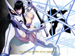 Rule 34 | 1girl, absurdres, attack, black hair, boots, breasts, highres, holding, holding sword, holding weapon, junketsu, kamui (kill la kill), katana, kill la kill, kiryuuin satsuki, large breasts, pltnm ghost, revealing clothes, serious, slashing, subtitled, sword, thick thighs, thigh boots, thighs, weapon, white footwear
