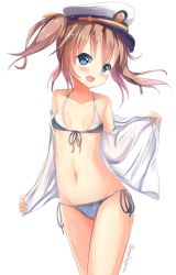 Rule 34 | 10s, 1girl, :d, bikini, blue bikini, blue eyes, blush, breasts, brown hair, collarbone, cowboy shot, front-tie bikini top, front-tie top, hat, high school fleet, looking at viewer, misaki akeno, natuna natu, navel, off shoulder, open clothes, open mouth, open shirt, peaked cap, shirt, side-tie bikini bottom, simple background, small breasts, smile, solo, swimsuit, twintails, twitter username, white background