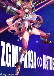 Rule 34 | 1girl, absurdres, armor, beam saber, blue eyes, boots, breasts, character name, clenched hand, closed mouth, commentary request, cosplay, crossed bangs, double-blade, full body, gundam, gundam seed, gundam seed destiny, hair between eyes, highres, holding, holding sword, holding weapon, infinite justice gundam, infinite justice gundam (cosplay), kyomeihibiki, large breasts, long hair, looking at viewer, maria cadenzavna eve, mecha musume, armored boots, metal gloves, multicolored leotard, no pupils, pink hair, pink thighhighs, senki zesshou symphogear, solo, split mouth, sword, thighhighs, thighhighs under boots, twitter username, v-shaped eyebrows, very long hair, weapon